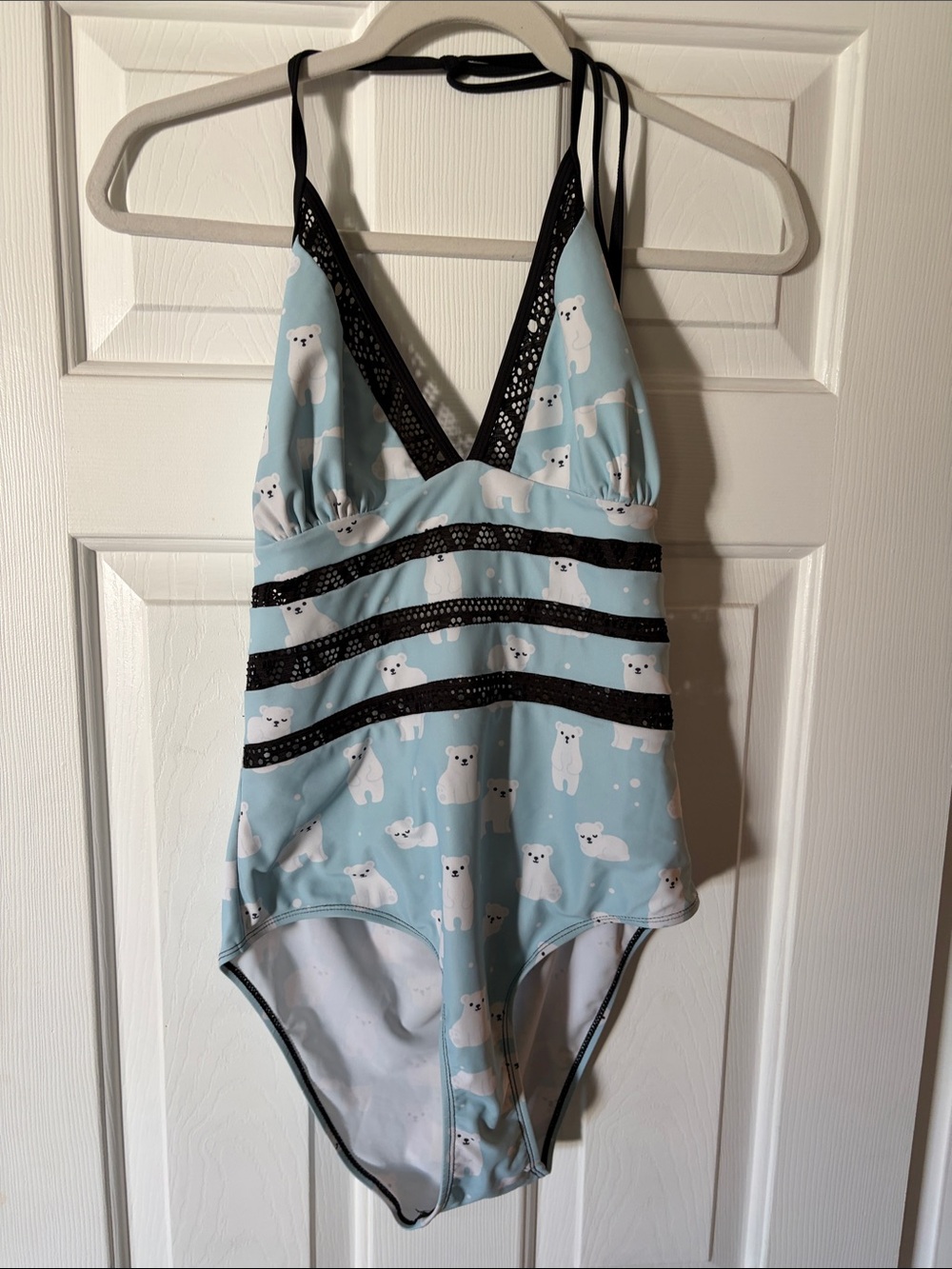 Light Blue Polar Bear Print One-Piece Swimsuit with Black Trim